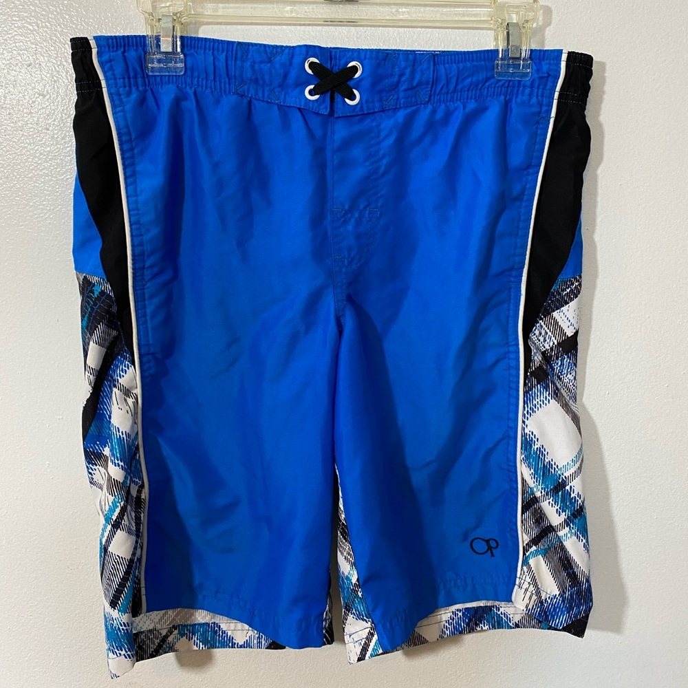 OP Boys Blue Plaid Board Shorts L (10-12) XC